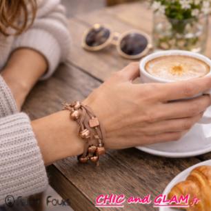 Bracelet 3 rgs perles bois cuir ton bronze