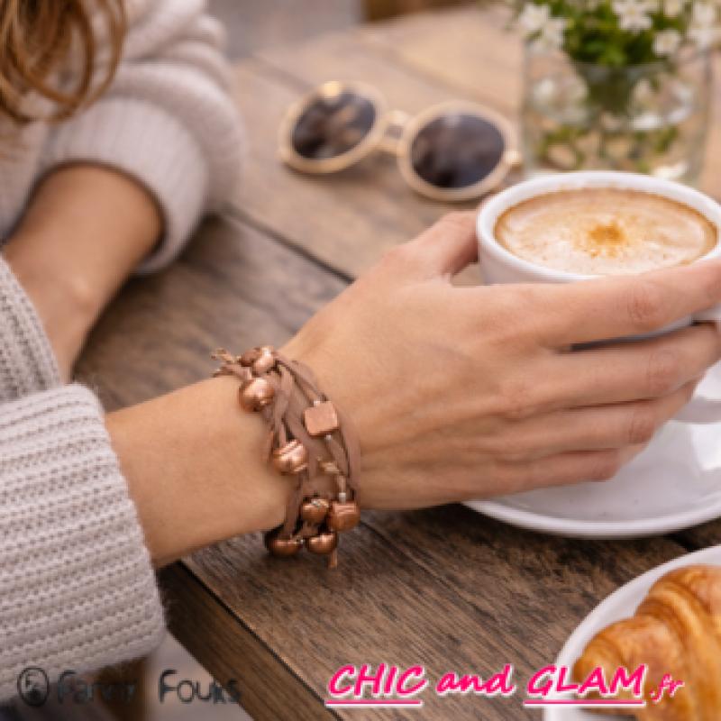 Bracelet 3 rgs perles bois cuir  ton bronze