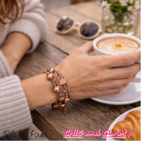 Bracelet 3 rgs perles bois cuir ton bronze
