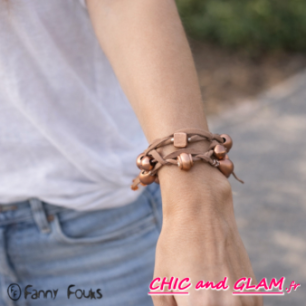 Bracelet 3 rgs perles bois cuir ton bronze