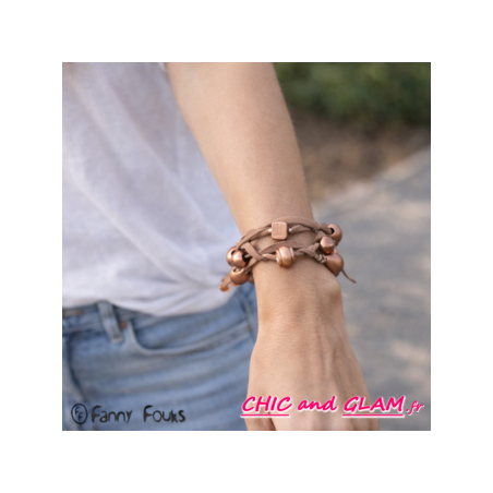 Bracelet 3 rgs perles bois cuir ton bronze