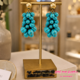 B.O Grappe clip turquoise marbré puce dorée Francine Bramli