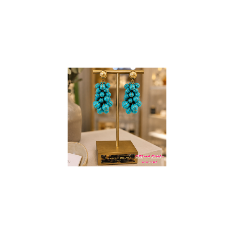 B.O Grappe clip turquoise marbré puce dorée Francine Bramli