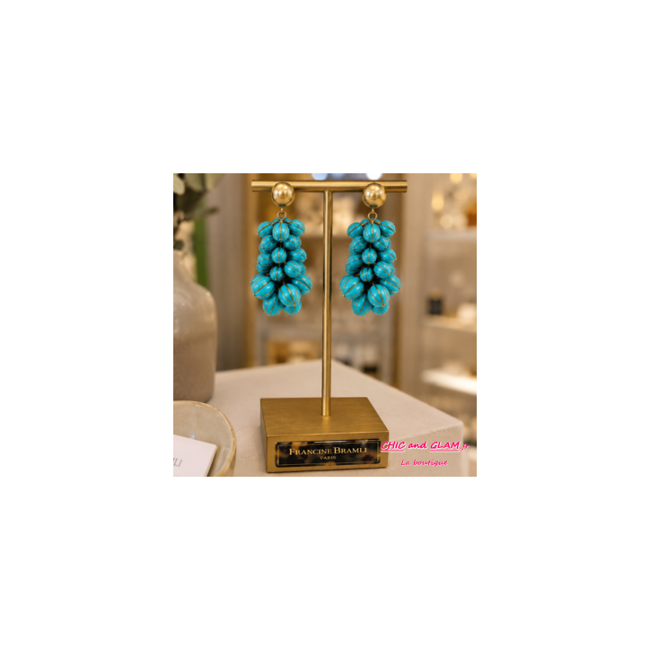 B.O Grappe clip turquoise marbré puce dorée Francine Bramli B.O Grappe clip turquoise marbré puce dorée Francine Bramli