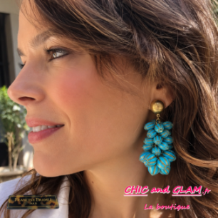 B.O Grappe clip turquoise marbré puce dorée Francine Bramli