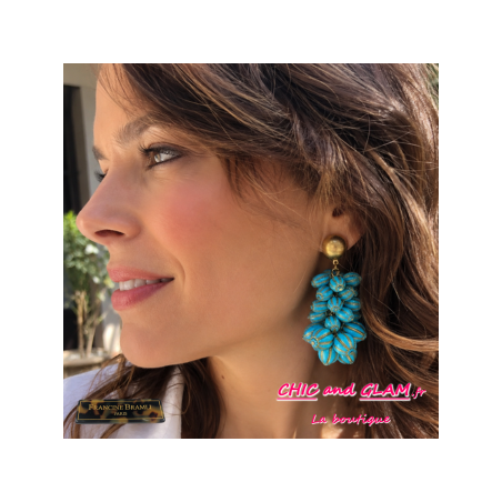 B.O Grappe clip turquoise marbré puce dorée Francine Bramli