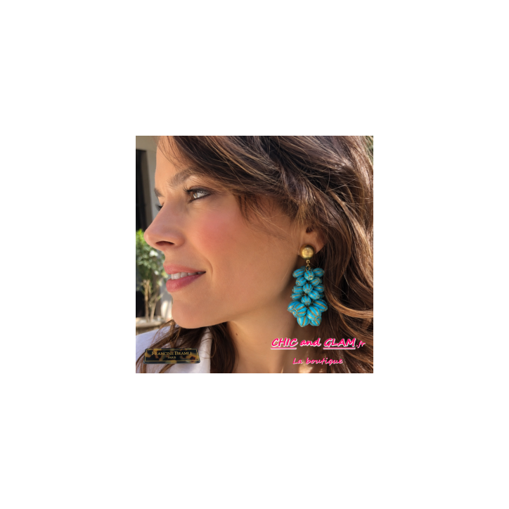 B.O Grappe clip turquoise marbré puce dorée Francine Bramli B.O Grappe clip turquoise marbré puce dorée Francine Bramli