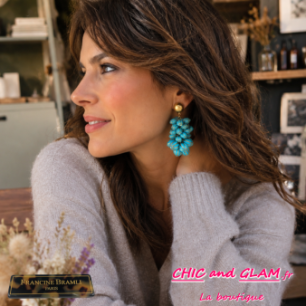 B.O Grappe clip turquoise marbré puce dorée Francine Bramli