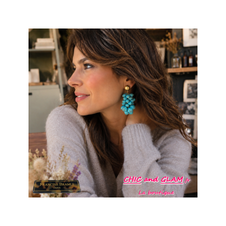 B.O Grappe clip turquoise marbré puce dorée Francine Bramli